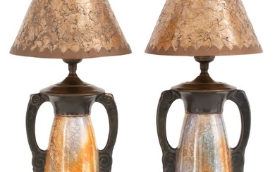 Pair of Arts & Crafts Pottery Table Lamps with Mica Shades