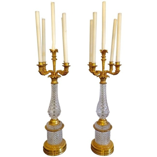 Pair of Baguès Style Cut Crystal Brass Candelabras