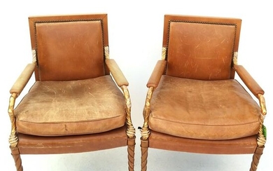 Pair of Neoclassic Parcel Gilt Birch Wood Arm Chairs