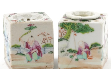 Pair of Chinese square section porcelain desk items hand pai...