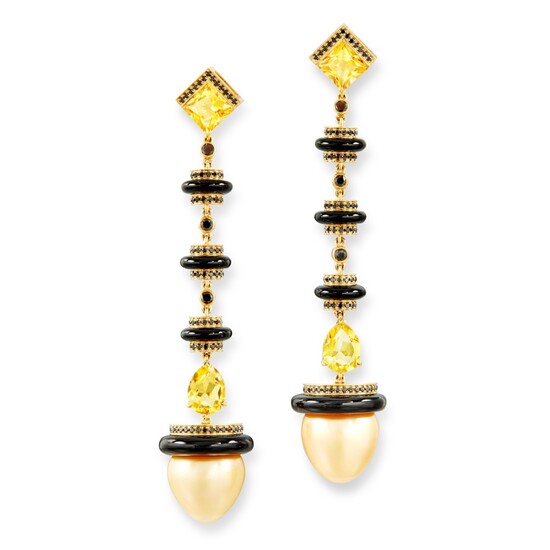 Pair of Cultured Pearl, Gem Set and Diamond Pendent Earrings | 養殖珍珠 配 寶石 及 鑽石 耳墜一對