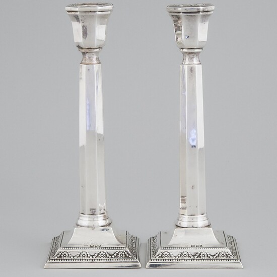 Pair of English Silver Table Candlesticks, probably Morris Salkind or Morris Sternberg, London, 1936