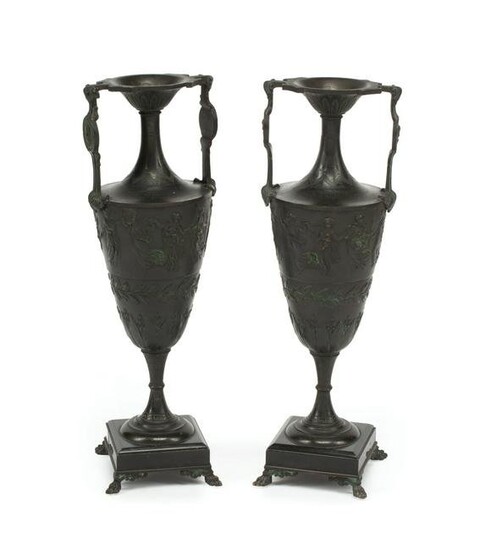 Pair of French Neo-Grec Patinated Bronze Vases