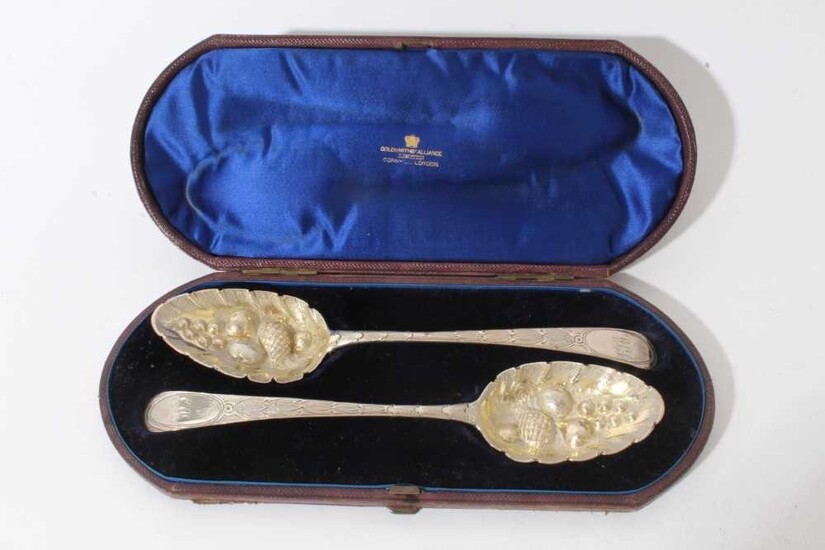 Pair of George III Old English pattern table spoons with engraved initials, later converted to 'Berry Spoons' (various dates and makers) in velvet lined fitted case, 3.5oz, each 21.5cm in length