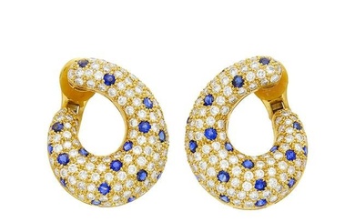 Pair of Gold, Diamond and Sapphire Bombé Hoop Earclips