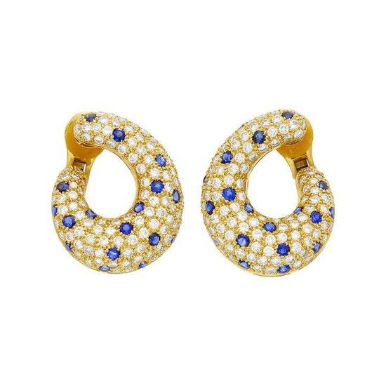 Pair of Gold, Diamond and Sapphire Bombé Hoop Earclips