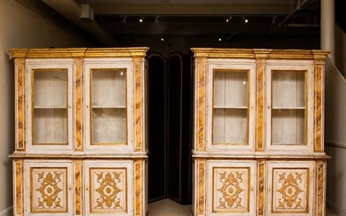 Pair of Italian White Painted, Faux Marble and Parcel-Gilt Cabinets