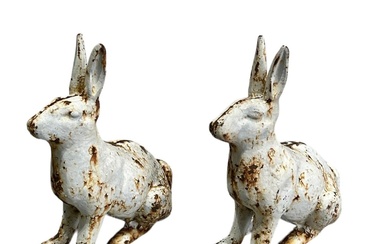 Pair of White Painted Cast Iron Rabbits 11 1/4"H, 10...