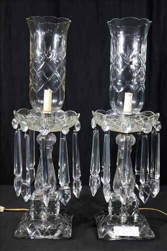 Pair of crystal hurricane lamps with large prisms