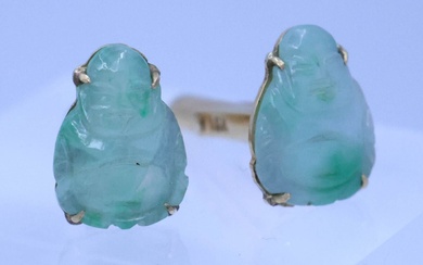 Paire de boutons de manchettes en or 585 °/°° et bouddha sculpté dans du jade...
