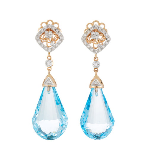 Paire de pendants d’oreilles 2 ors 750 sertis de diamants taille brillant et retenant des topazes facettées, h. 4.8 cm