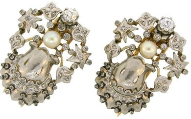 Pearl Diamond Platinum Gold Double CLIP Pin Brooch Pair