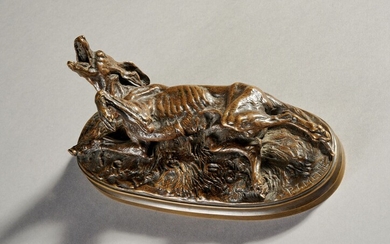 Pierre-Jules MENE (1810-1879) "Levrette se roulant" Bronze à patine brun nuancé. Signé. 13 x 30...