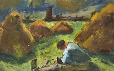 Piet van Wijngaerdt, Dutch 1873-1964- Man in a field, 1953; signed and dated lower left 'Piet van Wijngaerdt 53', 40 x 50 cm (ARR) Provenance: with Crane Kalman Gallery, London, with Grant Fine Art, Newcastle, Northern Ireland