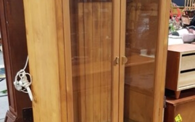 Pine Effect Display Cabinet with two glass panel doors & three drawers to base (shelves??) (H:210 x W:90 x D:61cm)