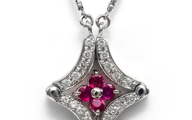 Platinum - Necklace with pendant - 0.37 ct Rubies - 0.21 ct Diamonds - No Reserve Price
