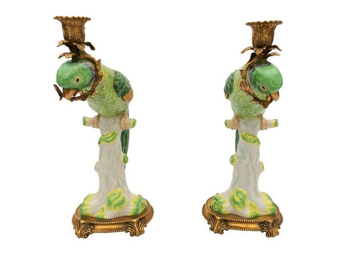Porcelain candlesticks with bronze ornaments - Parrots