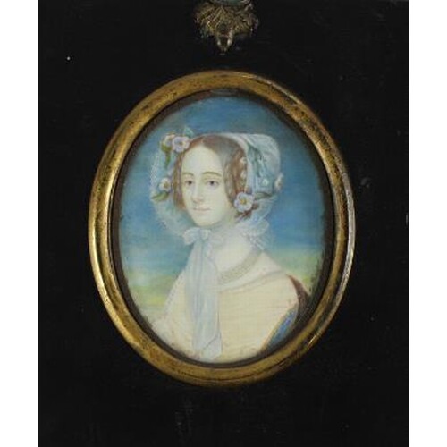 Portrait Miniature. Watercolour of a woman wearing a scarf w...