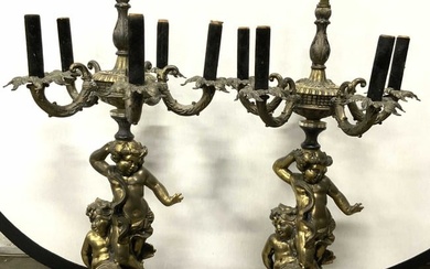 Pr Gilt Metal Louis XV 5 Arm Cherub Tbl Lamps