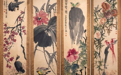 Qi Baishi flower bird four screens