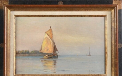 RICARD-CORDINGLEY Georges. (1873-1939). « Marine avec bateau au soleil couchant ». Huile sur toile signée....