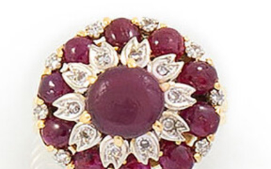 RING in 18K yellow gold holding a cabochon ruby in...