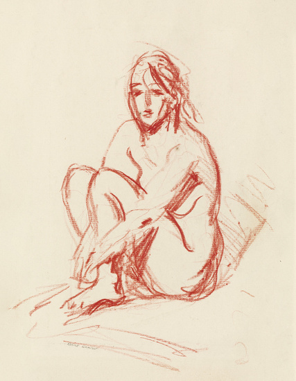 ROBERT HENRI Seated Nude. Red crayon on paper. 278x215 mm; 11x8 1/2 inches....