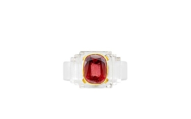 René Boivin Carved Rock Crystal, Gold and Pink Tourmaline Ring