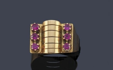 Retro ring in 18K rose gold with two synthetic ruby