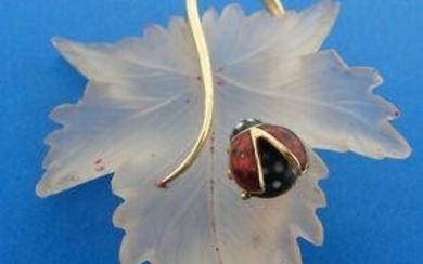 Rock Crystal Enamel 14k Yellow Gold Ladybug on Leaf