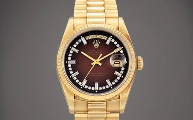 Rolex Day-Date, Reference 18038 | A yellow gold and diamond-set wristwatch with day, date, brown dégradé dial and bracelet, Circa 1984 | 勞力士 | Day-Date 型號18038 | 黃金鑲鑽石鏈帶腕錶，備日期、星期顯示及棕色錶盤，約1984年製