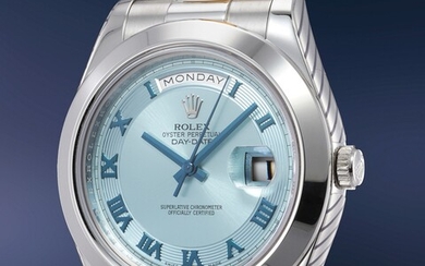 Rolex, Ref. 218206 An unworn, still bearing its protective sticker to the bracelet, and strikingly attractive platinum automatic wristwatch with center seconds, date, ice blue dial, bracelet, Guarantee and box