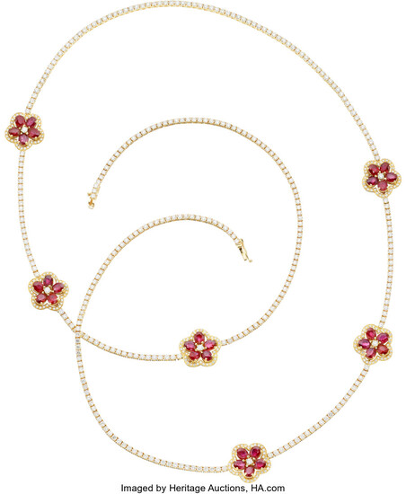 Ruby, Diamond, Gold Necklace The floral necklace features oval-shaped...