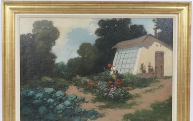 Russian School (Contemporary), Woman tending a garden, oil o...