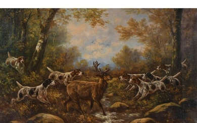 SCHOUTEN Henry. (1857-1927). « Cerf cerné par des chiens ». Huile sur toile signée sans...