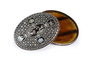 SILVER TABATIERE, NAPLES, late 17th century. Of oval shape, lid decorated with a tortoiseshell plate inlaid with a central decoration representing a hunting scene in silver threads, surrounded by circular mother-of-pearl motifs and four medallions...