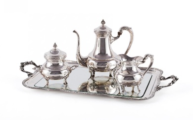 SILVER THREEPART COFFEE SERVICE WITH RECTANGULAR TRAY