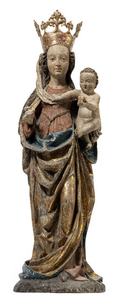 STANDING VIRGIN AND CHILD, Upper Austria, c. 1490. Hardwood, carved with deeply hollowed back. The Virgin is wearing a red dress, gilt and cobalt blue coat, the child sitting on her left arm, an apple in his left hand, the right hand reaches for St....