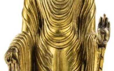 STATUETTE DE BOUDDHA MAITREYA EN BRONZE DORÉ DYNASTIE QING, XVIIIE SIÈCLE | 清十八世紀 鎏金銅彌勒佛立像 | A gilt-bronze figure of Maitreya, Qing Dynasty, 18th century