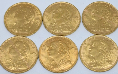 SUISSE. Six pièces 20 Francs or. 1922
