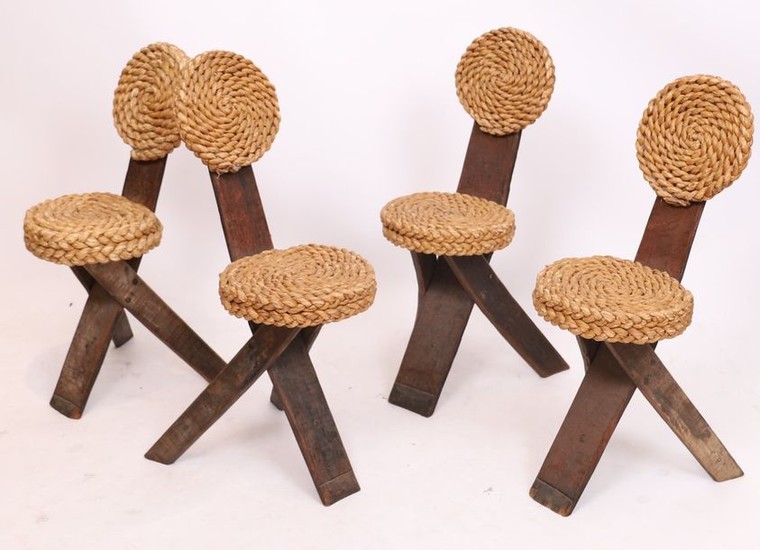 SUITE OF 4 WOODEN AND RATTAN CHAIRS