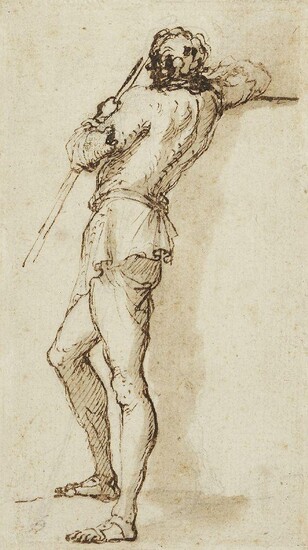 Salvator Rosa, Italian 1615-1673- Study of a standing man; black chalk, pen and brown ink and wash on laid paper, 14 x 7.7 cm. Provenance: John Isaacs.; Peter Palumbo.; Sale, Sotheby's, London, 12 March 1963, lot 139B.; Anon. sale, Sotheby's...