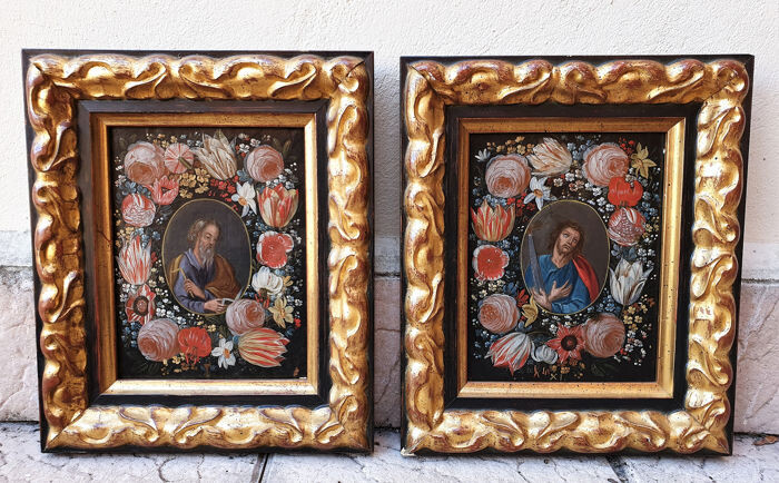 San Simón and San Judas in exceptional flamenco borders. - Oil on copper - Late 17th century
