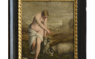 Scuola del secolo XVII "Allegoria della lussuria" olio su tela (cm 45,5x35,5). In cornice in legno laccato e dorato Expertise:...