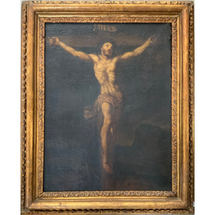 Scuola del secolo XVIII "Cristo in croce" olio su tela (cm 86,5x62,5). In cornice (difetti, restauri e mancanze)