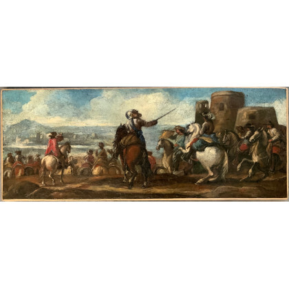 Scuola del secolo XVIII "Scena di battaglia" olio su tela (cm 26x68,5) (difetti e restauri)