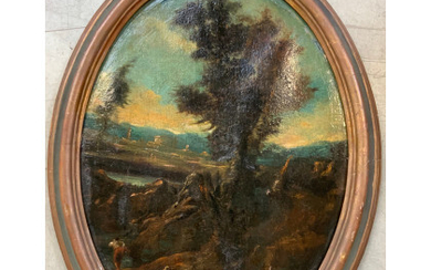 Scuola dell'Italia settentrionale del secolo XVIII "Paesaggio con figure" olio su tela ovale (cm 94x71,5). In cornice (gravi difetti...