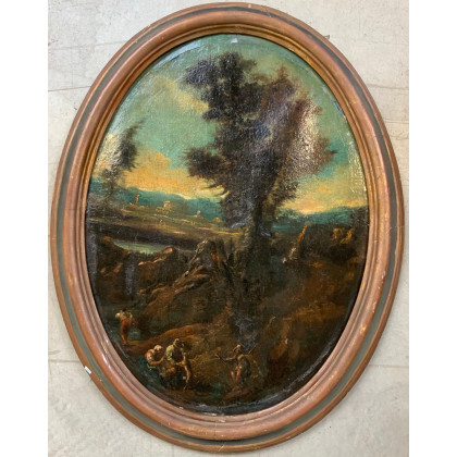 Scuola dell'Italia settentrionale del secolo XVIII "Paesaggio con figure" olio su tela ovale (cm 94x71,5). In cornice (gravi difetti...