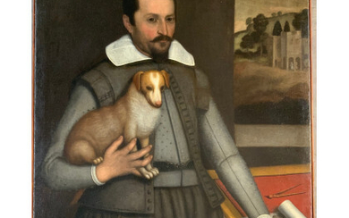 Scuola della fine del secolo XVI - inizio XVII "Ritratto virile con cagnolino" olio su tela (cm 100,5x81,5) (difetti...