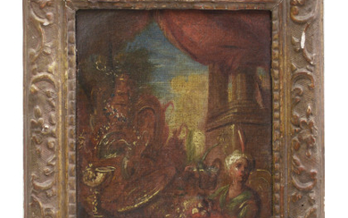 Scuola della fine del secolo XVII - inizio XVIII "Scena di banchetto con servitore" frammento ad olio su tela (cm...